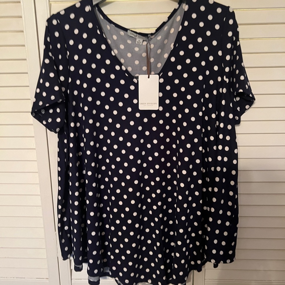 “Green Envelope”  Navy and White Polka Dot Blouse New with Tags